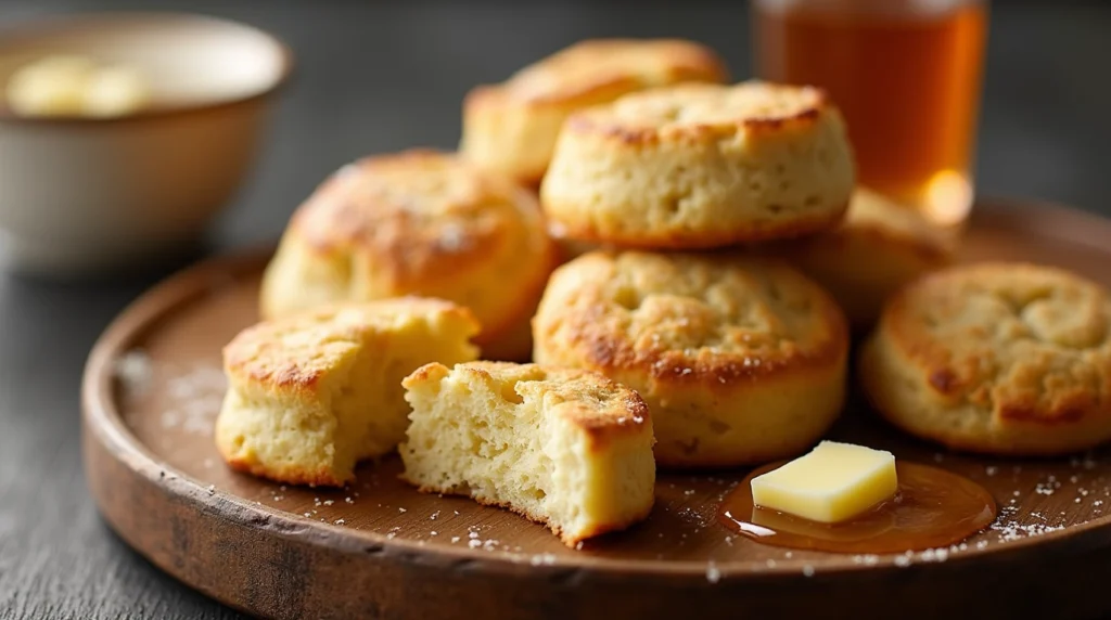 3 Ingredient Drop Biscuits: The Easiest and Tastiest Recipe You’ll Love 4 Golden-brown 3 Ingredient Drop Biscuits stacked on a wooden plate, with butter melting on top and honey drizzled nearby.