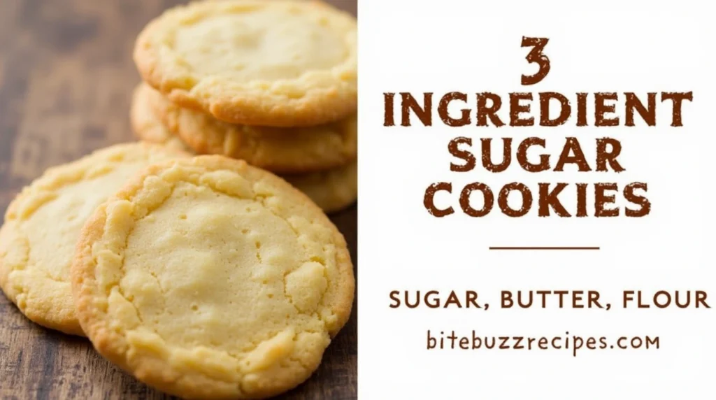 Freshly baked 3 Ingredient Sugar Cookies made with Sugar, Butter, and Flour, displayed with rustic text on a clean, minimalistic background.