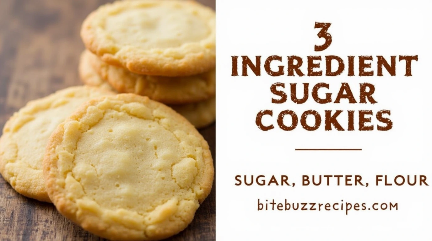 Freshly baked 3 Ingredient Sugar Cookies made with Sugar, Butter, and Flour, displayed with rustic text on a clean, minimalistic background.
