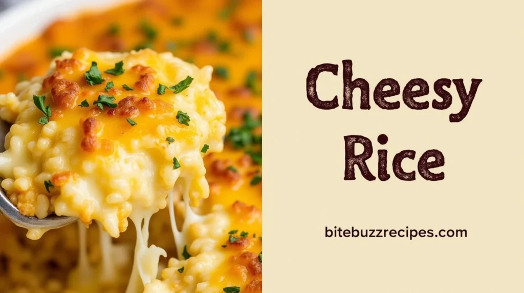 Close-up of a creamy cheesy rice recipe with melted cheese and fresh herbs.