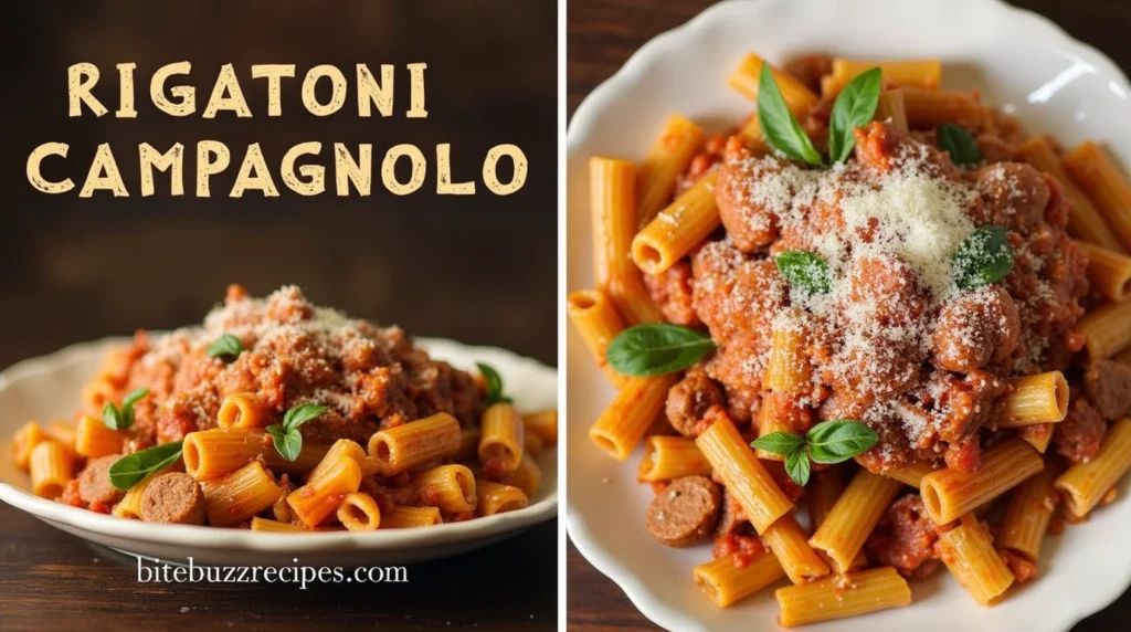 Rigatoni Campagnolo pasta served in a rustic bowl with tomato sauce, crumbled sausage, and fresh basil, divided into two sections—one for the dish and one for text.