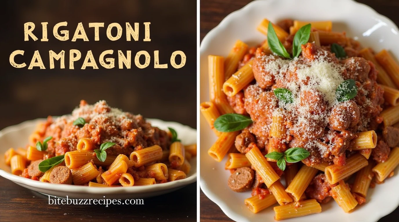 Rigatoni Campagnolo: 4 Secrets to Perfect It Like an Italian Chef 1 Rigatoni Campagnolo pasta served in a rustic bowl with tomato sauce, crumbled sausage, and fresh basil, divided into two sections—one for the dish and one for text.