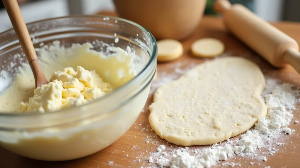 3 Ingredient Sugar Cookies: The Easiest and Tastiest Recipe You’ll Love 3 Hands mixing Sugar, Butter, and Flour in a bowl while preparing 3 Ingredient Sugar Cookies, with a rolling pin and dough on a floured surface.