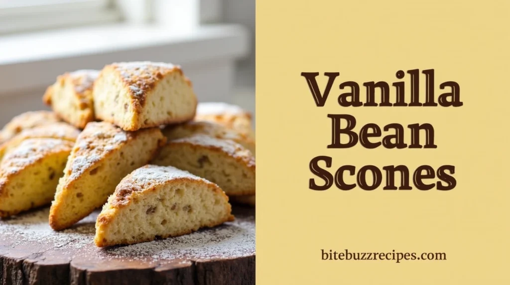 Freshly baked Vanilla Bean Scones with rustic typography and branding for bitebuzzrecipes.com