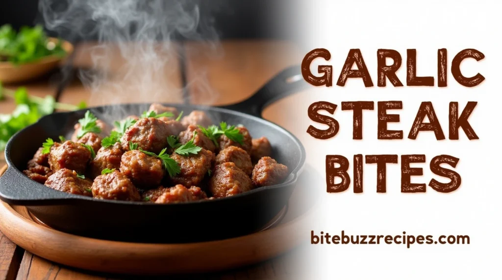 A delicious serving of Garlic Steak Bites sizzling in a skillet, garnished with fresh herbs, alongside a text section with bold rustic lettering.