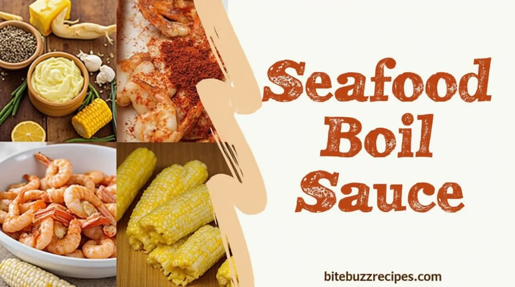 Seafood Boil Sauce Recipe with a vibrant seafood dish on the left and text on the right side.