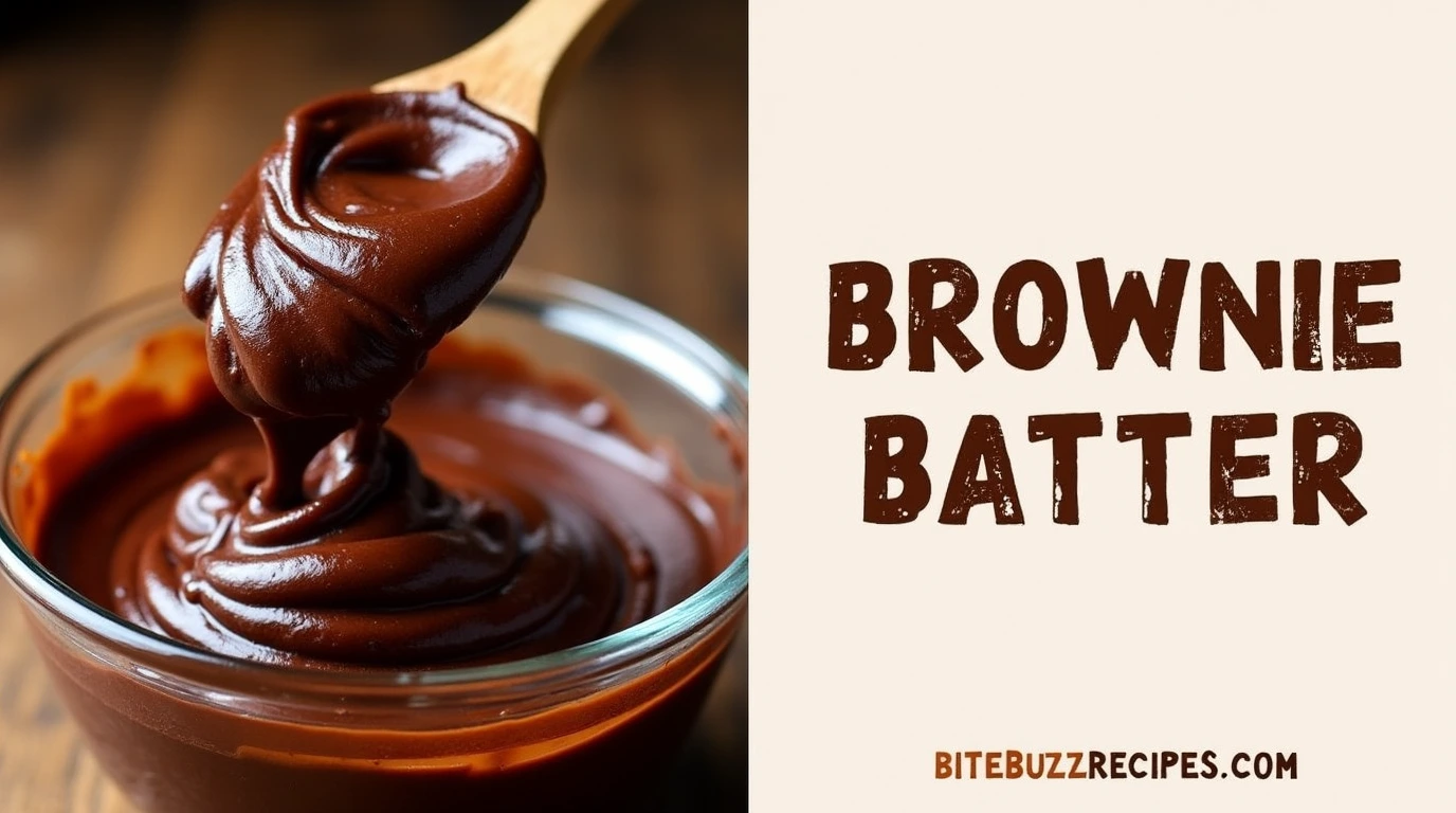 Homemade Brownie Batter Recipe: 3 Easy and Quick Tips 1 Glossy, thick brownie batter being mixed in a bowl, with the image divided into two sections—one focusing on the rich batter and the other displaying text
