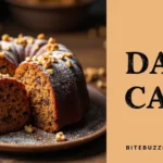A delicious date cake with a rich texture and nut garnish, placed on a rustic wooden surface. The right or left side of the image features bold, rustic lettering for 'date cake'.