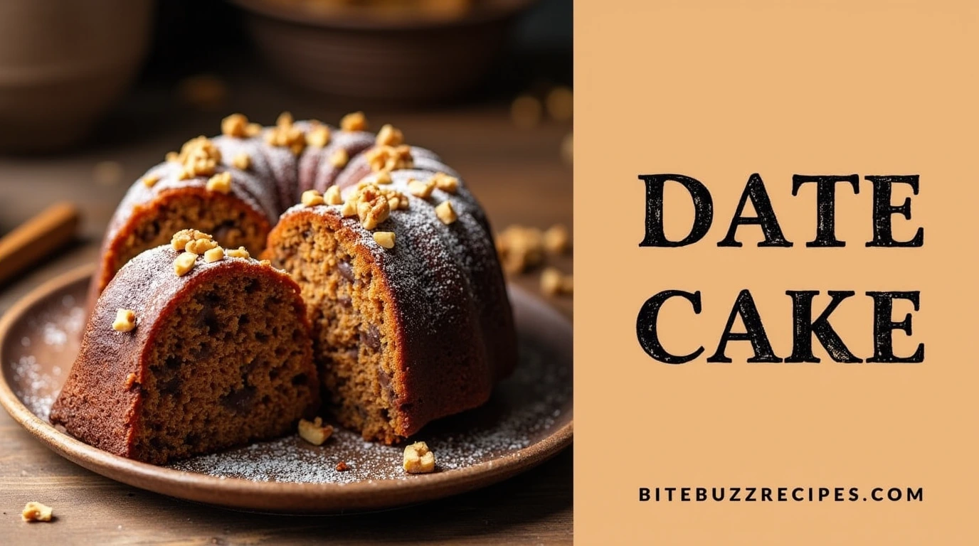 A delicious date cake with a rich texture and nut garnish, placed on a rustic wooden surface. The right or left side of the image features bold, rustic lettering for 'date cake'.
