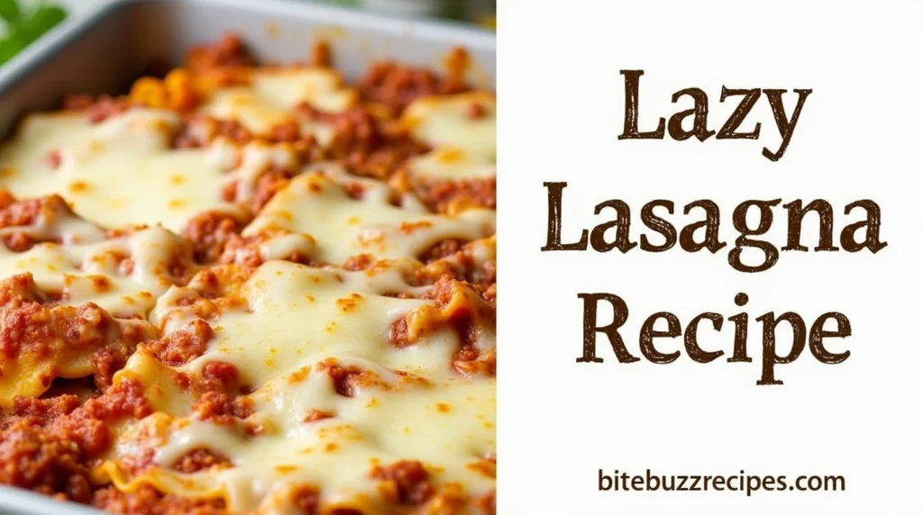 A split image showing the Lazy Lasagna Recipe with text ‘Lazy Lasagna Recipe’ in bold rustic font on the right side and the website name 'bitebuzzrecipes.com' below.