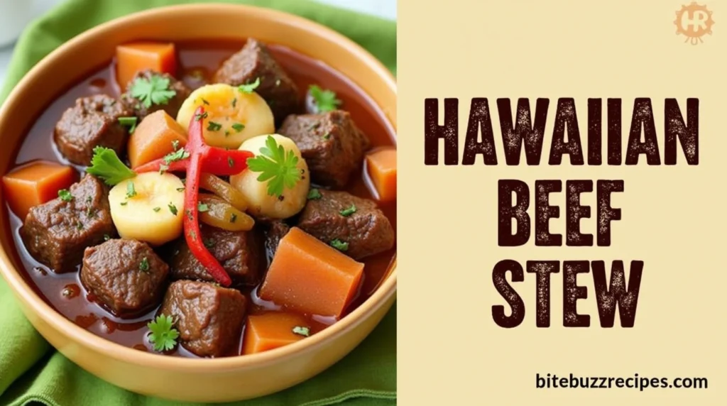 Hawaiian Beef Stew Recipe with bold rustic lettering and website name.