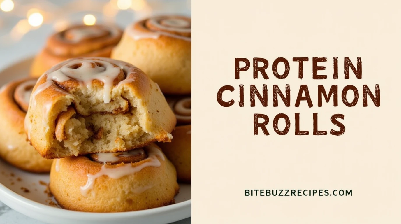 Freshly baked Protein Cinnamon Rolls with a golden-brown swirl, icing drizzle, and a text section on the side featuring bold, rustic lettering