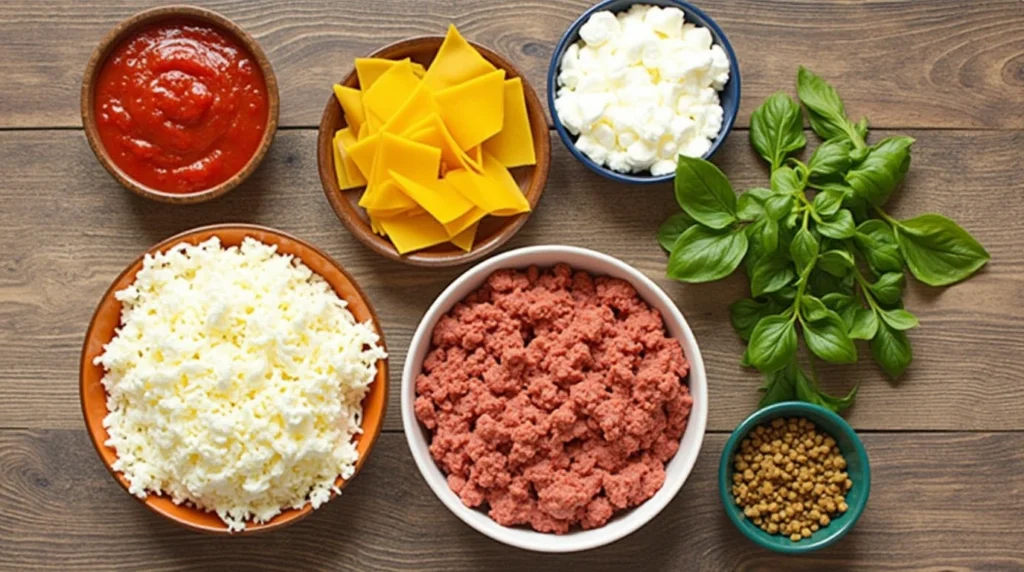 Lazy Lasagna Recipe: 4 Simple Steps to Create the Perfect Tasty Dinner 2 Ingredients for Lazy Lasagna Recipe, featuring noodles, sauce, cheese, beef, and herbs.
