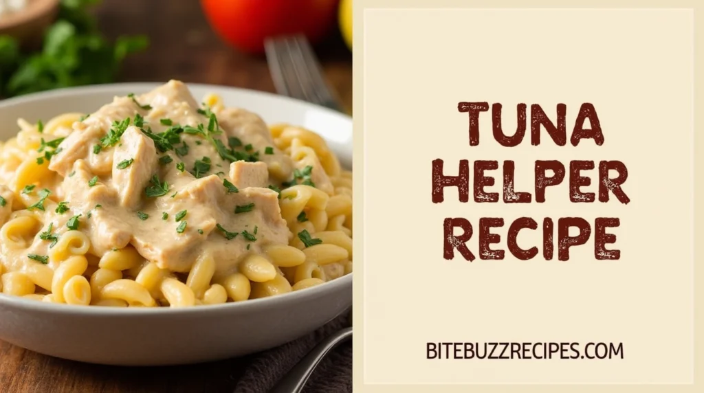 A split image of a creamy Tuna Helper Recipe in a bowl on one side and bold rustic text 'Tuna Helper Recipe' with 'bitebuzzrecipes.com' below it on the other side.