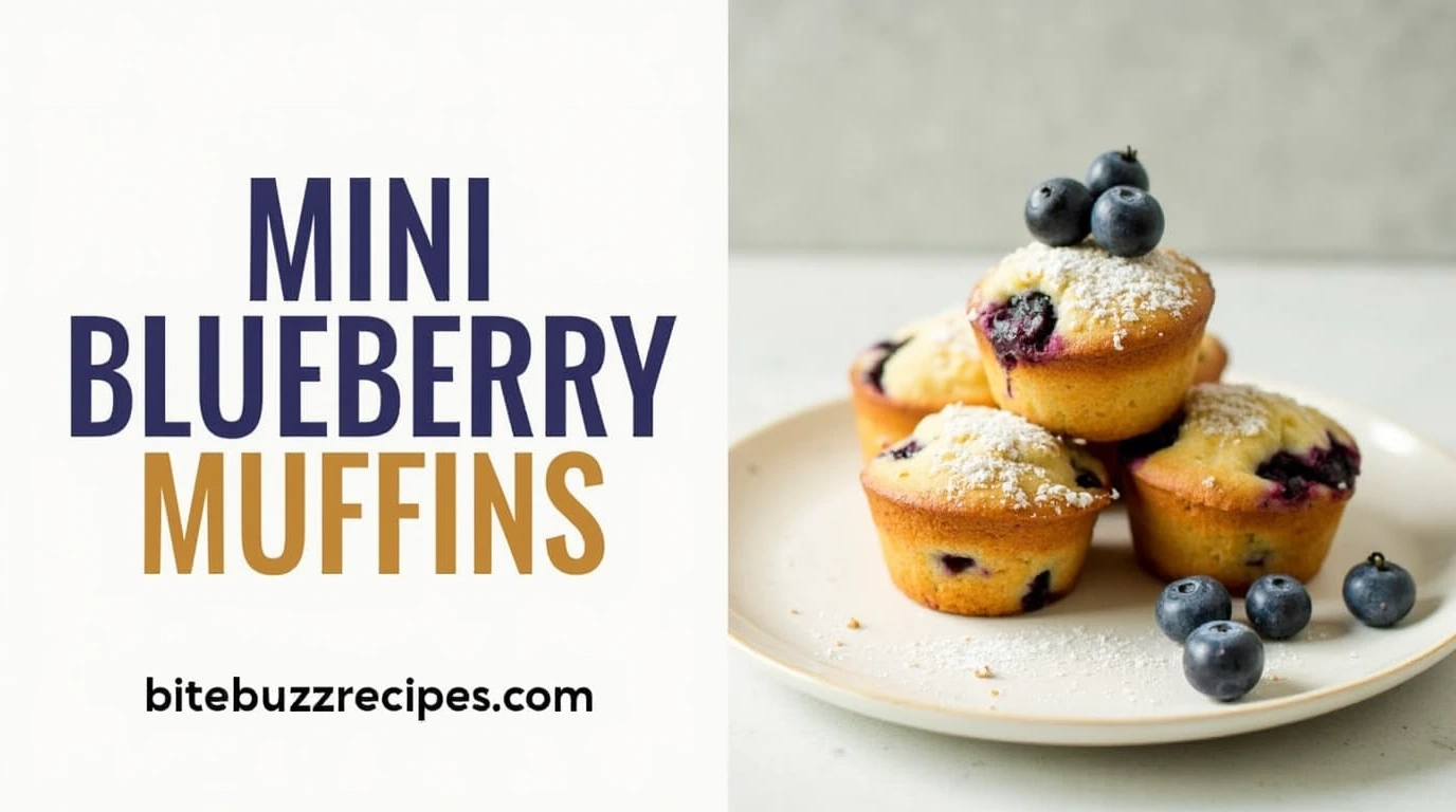 7 Reasons Why Mini Blueberry Muffins Are the Perfect Treat 1 A vertically split image showcasing mini blueberry muffins on one side and decorative text reading "Mini Blueberry Muffins" in rustic lettering on the other side.