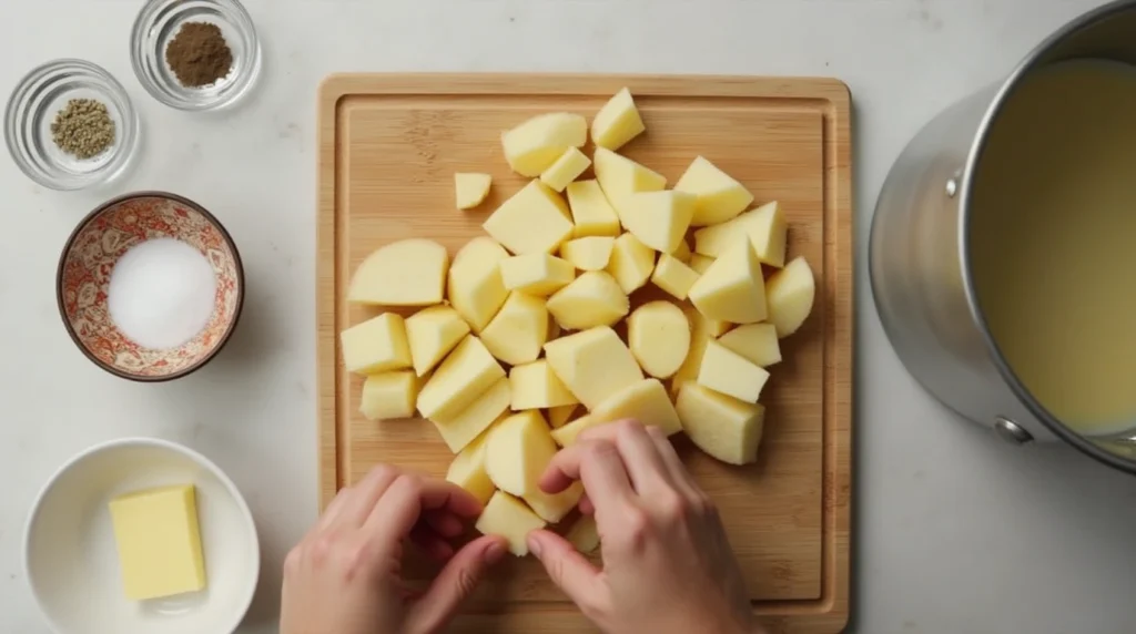 Easy 4 Ingredient Potato Soup Recipe – Perfect Comfort Food for 2025 3 Preparing 4 Ingredient Potato Soup with diced potatoes, butter, and seasonings on a kitchen counter.