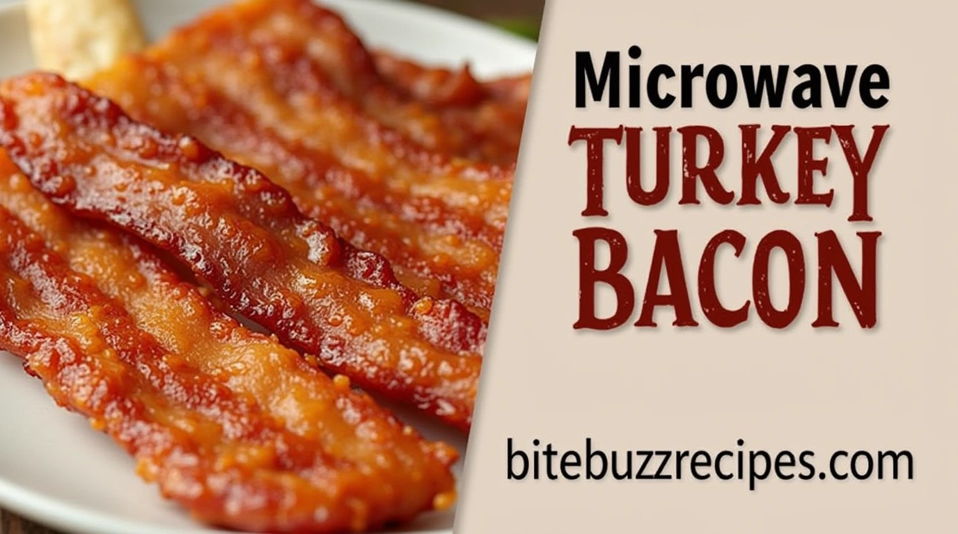 Image showing microwave turkey bacon on the left, with text 'Microwave Turkey Bacon' and the website 'bitebuzzrecipes.com' on the right.