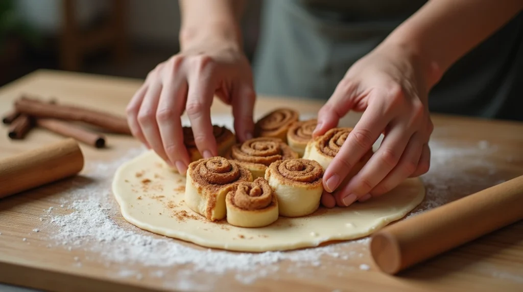 Protein Cinnamon Rolls: 5 Simple Steps for the Perfect Bake 4 Hands rolling and slicing protein cinnamon rolls on a wooden surface with cinnamon filling.