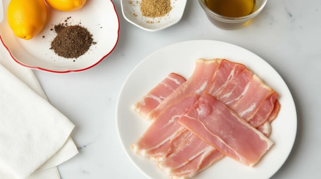 How to Make Perfect Microwave Turkey Bacon in Just 4 Minutes 2 Ingredients for microwave turkey bacon: raw turkey bacon strips, seasonings, paper towels, and a plate.