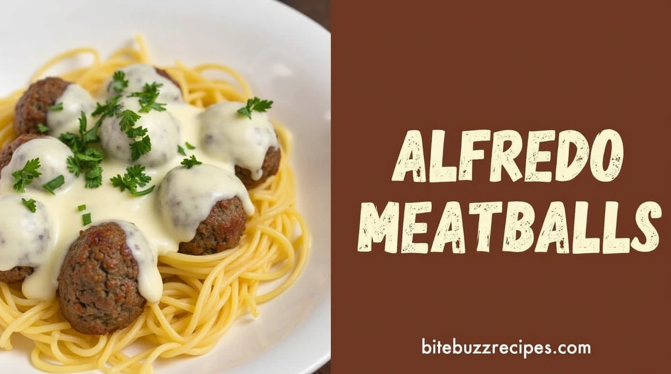 Alfredo Meatballs served with creamy sauce, accompanied by text on the side displaying the dish's name and website.