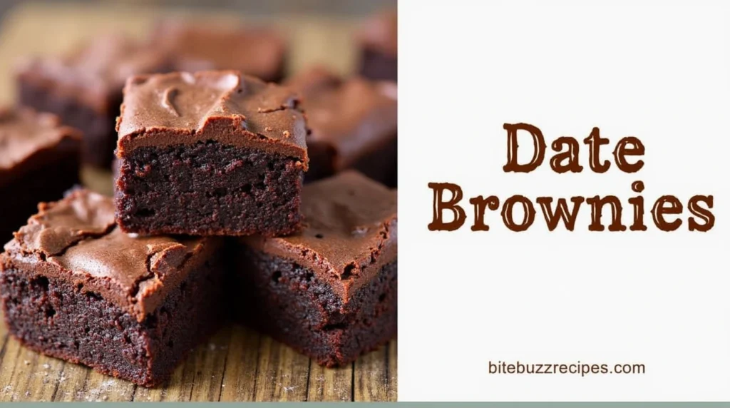 Fudgy Date Brownies Recipe: Make the Best Ones in Just 4 Easy Steps 2 Close-up of date brownies on a rustic wooden table, showcasing the dense, fudgy texture, with a vertical division for text.