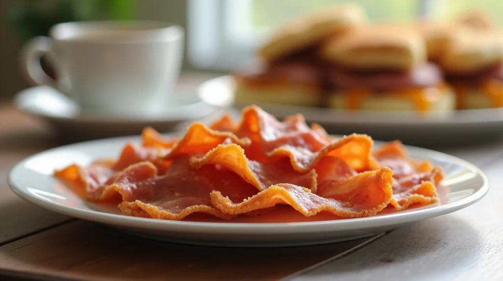 How to Make Perfect Microwave Turkey Bacon in Just 4 Minutes 3 Perfectly cooked microwave turkey bacon, crispy and golden brown, served on a plate with a breakfast sandwich in a warm kitchen setting.