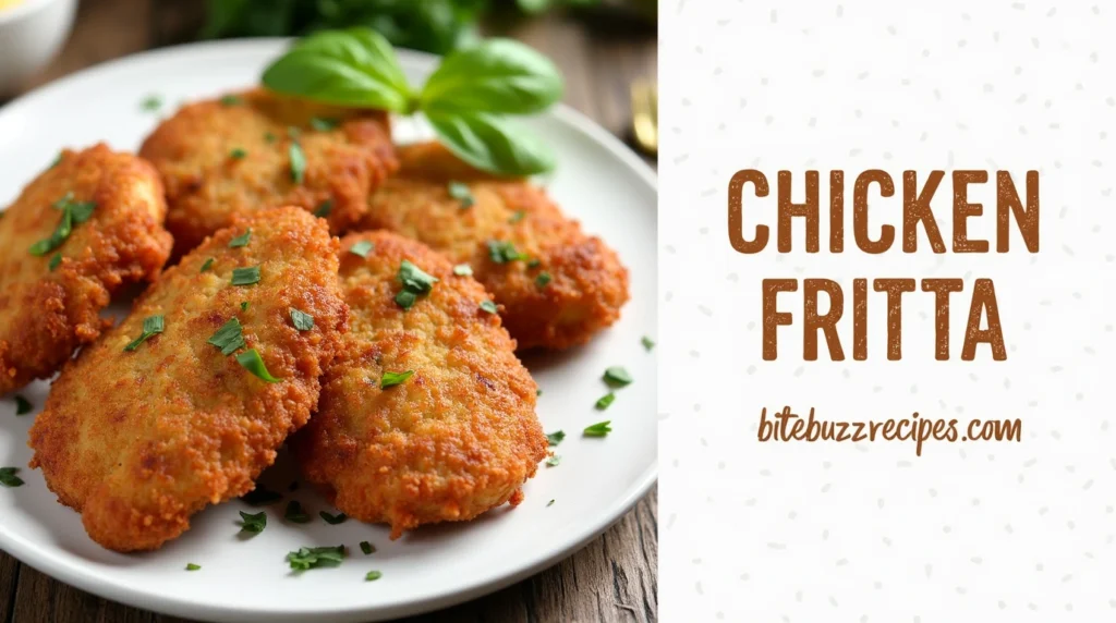 Delicious Chicken Fritta with crispy breaded chicken cutlets on a plate, accompanied by text with website branding.