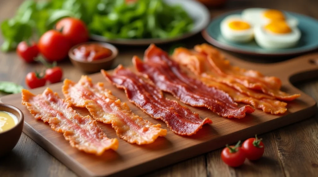 How to Make Perfect Microwave Turkey Bacon in Just 4 Minutes 4 A variety of microwave turkey bacon strips with different textures, such as crispy, chewy, and golden-brown.