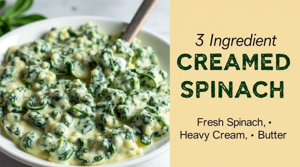 A delicious serving of 3 Ingredient Creamed Spinach with fresh spinach, heavy cream, and butter. Text beside the image reads '3 Ingredient Creamed Spinach' in bold, rustic lettering, with 'bitebuzzrecipes.com' and the ingredients listed below.