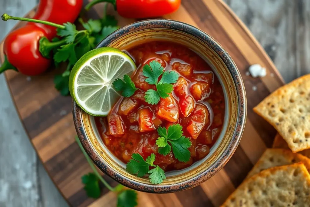 How to Make Perfect Salsa de Arbol at Home for Savory Recipes 4 A top-down view of a vibrant and colorful Salsa de Arbol, garnished with fresh cilantro and lime, in a handmade ceramic bowl, surrounded by arbol peppers and sea salt.