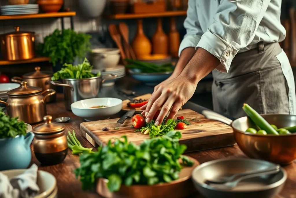 How to Make Perfect Salsa de Arbol at Home for Savory Recipes 3 A chef chopping vegetables on a wooden cutting board with cooking utensils and props surrounding them to prepare salsa de arbol