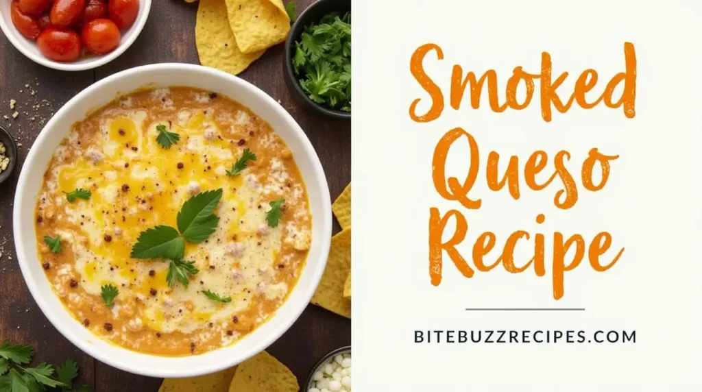 Smoked Queso Recipe with melted cheese and smoky ingredients, divided by text on the right side.