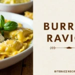 Delicious burrata ravioli served with basil and olive oil, alongside rustic text displaying the dish's name and website.