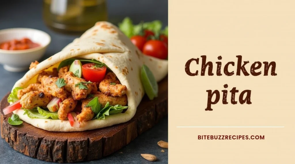 Chicken pita recipe with fresh vegetables and sauce, divided into two sections with text on one side.
