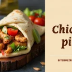 Chicken pita recipe with fresh vegetables and sauce, divided into two sections with text on one side.