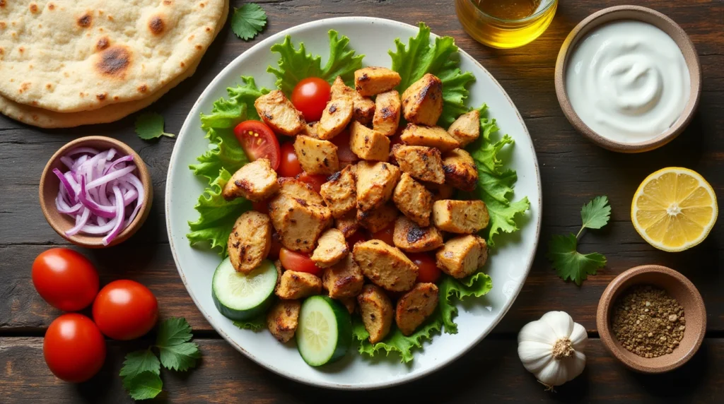 Chicken Pita Recipe: How to Make It Perfect Every Time 3 Fresh ingredients for a chicken pita recipe, including grilled chicken, pita bread, vegetables, and yogurt sauce.