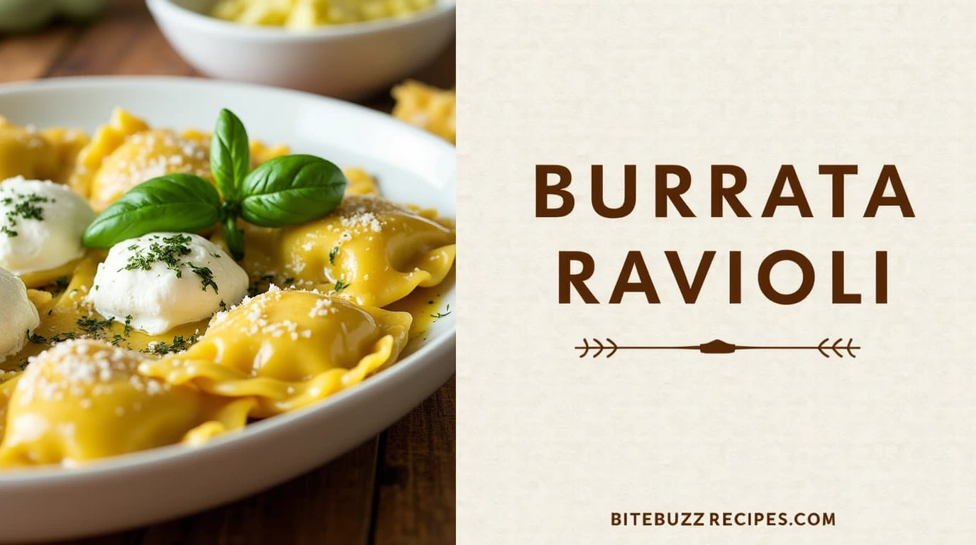 Delicious burrata ravioli served with basil and olive oil, alongside rustic text displaying the dish's name and website.